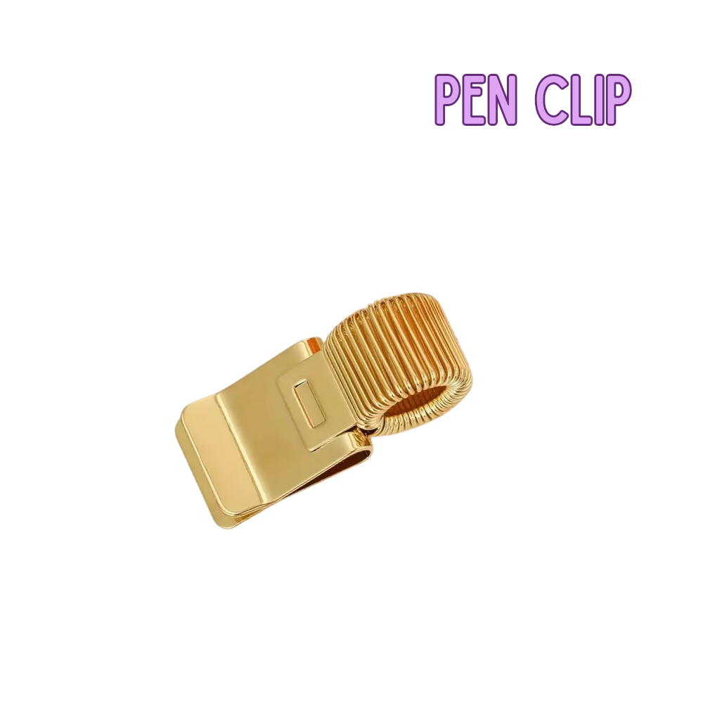 Gold pen clip on a white background with 'PEN CLIP' text in purple.