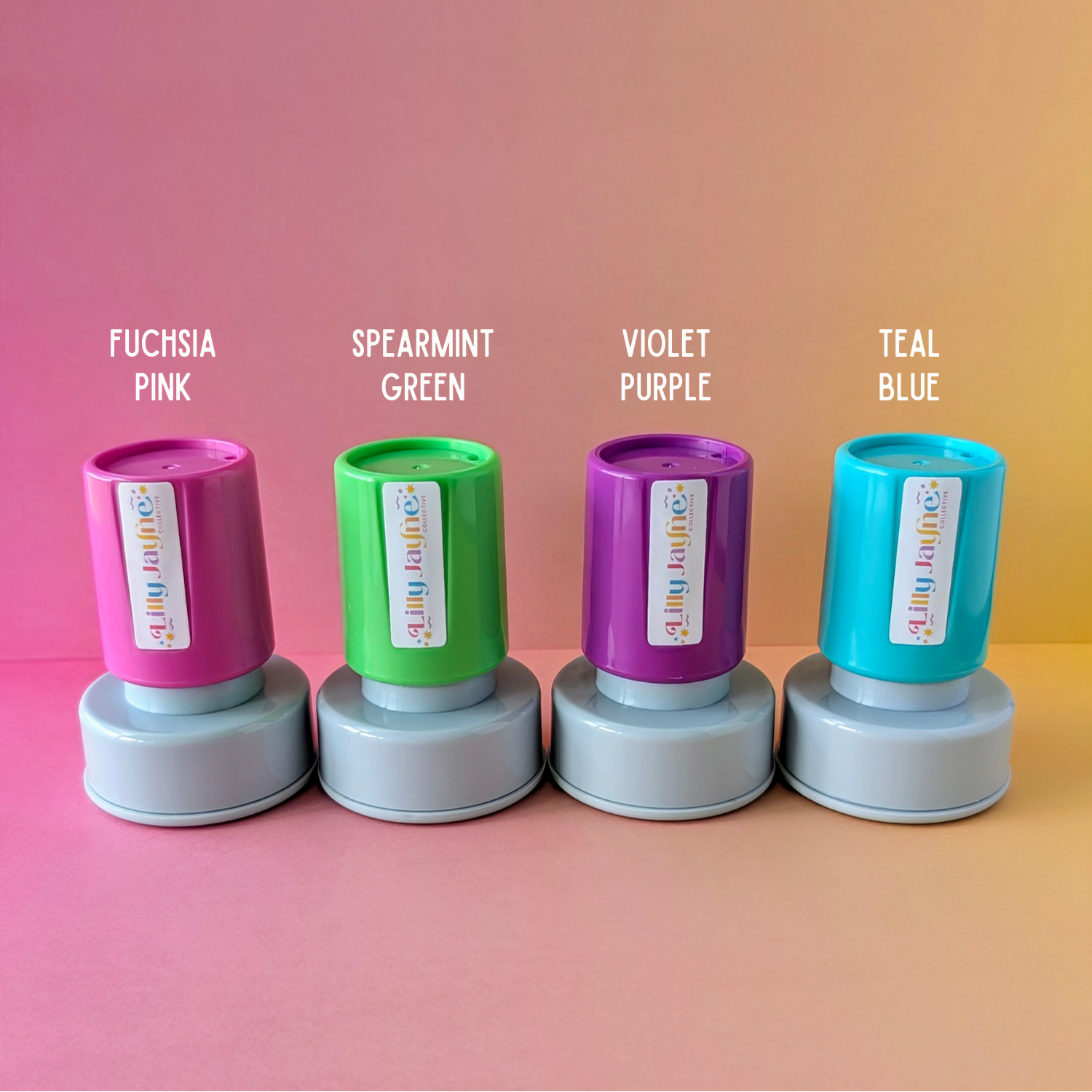 Four colorful stampers with labels on a gradient background
