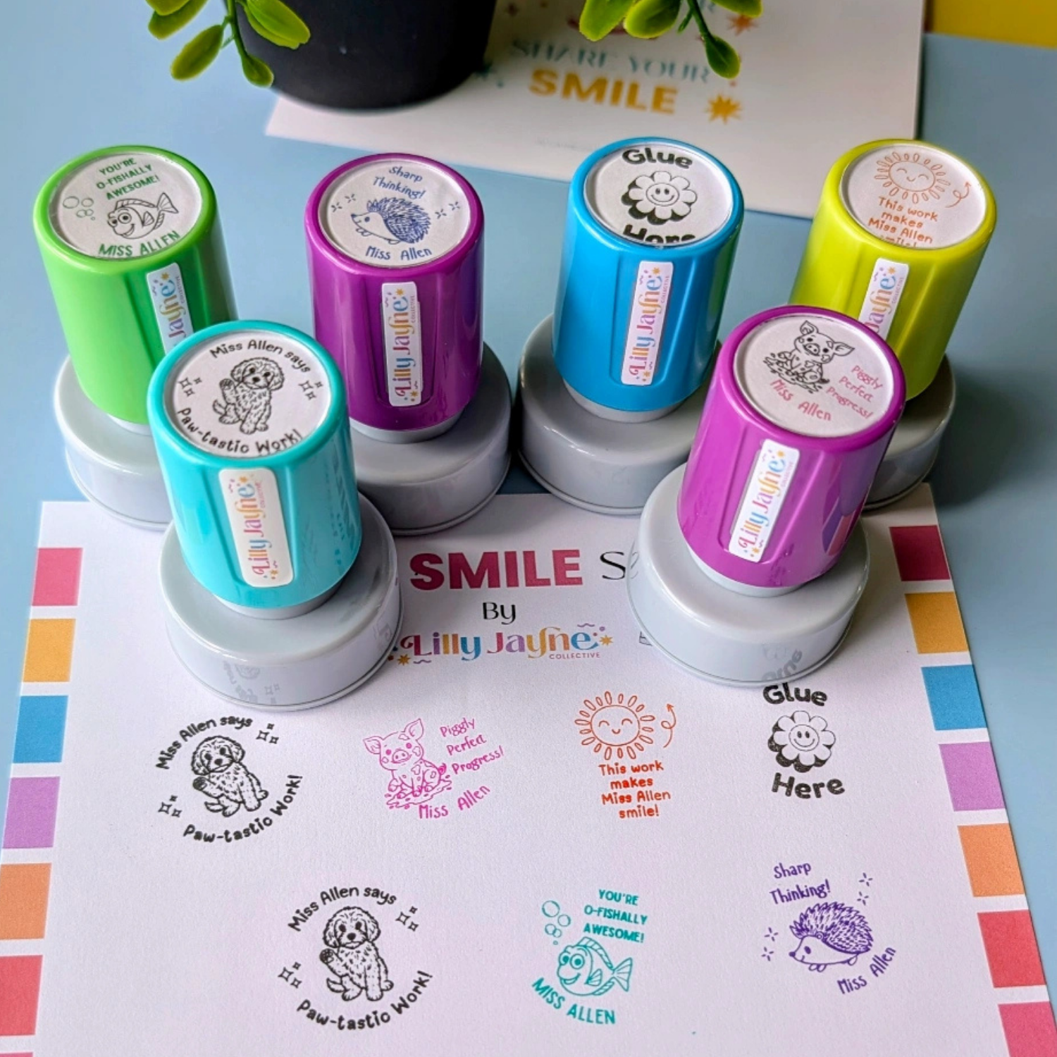 Colorful stamp set with personalized stamps on a colorful background