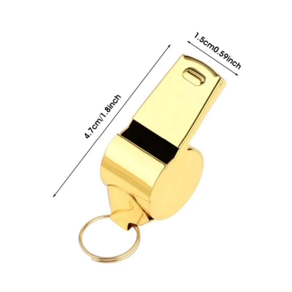 Gold whistle with black center and keyring, shown with measurements on a white background