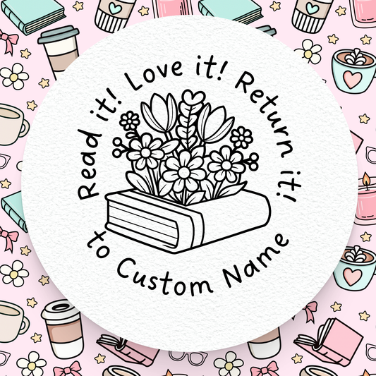 Circular design with a book and flowers, surrounded by coffee cups and decorative elements on a pink background.