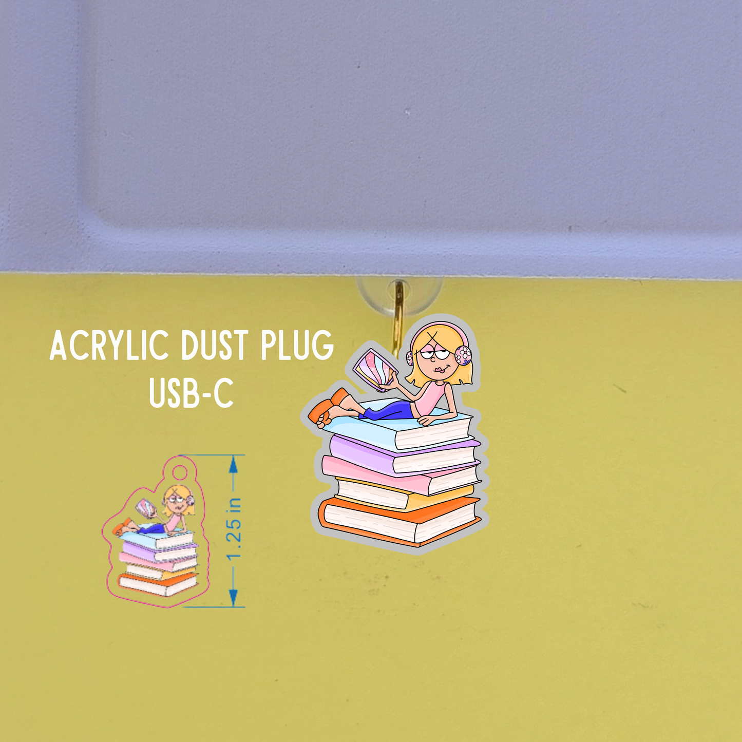 Acrylic dust plug with cartoon character on a yellow background