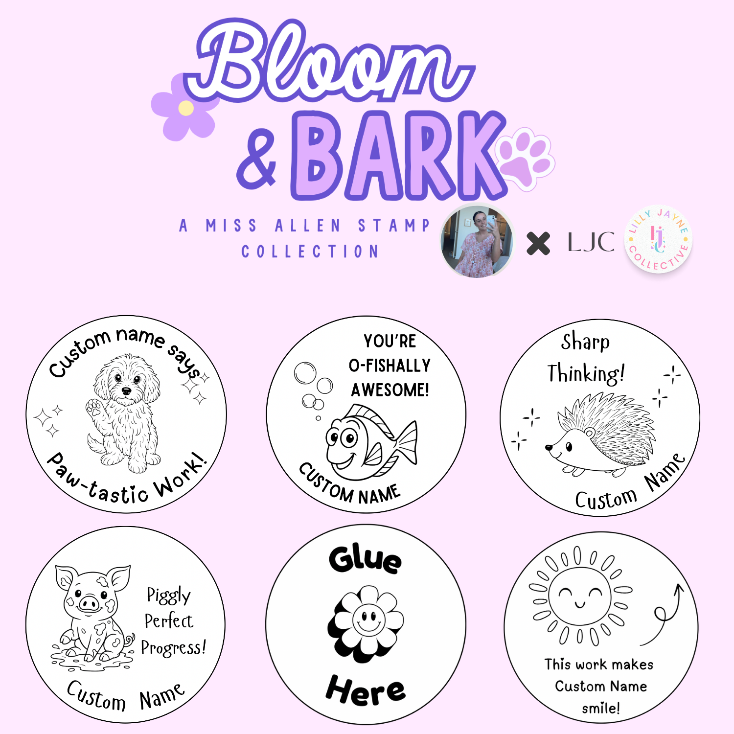 Collection of circular stamps with cartoon animals and text on a pink background, featuring the brand 'Bloom & Bark'.