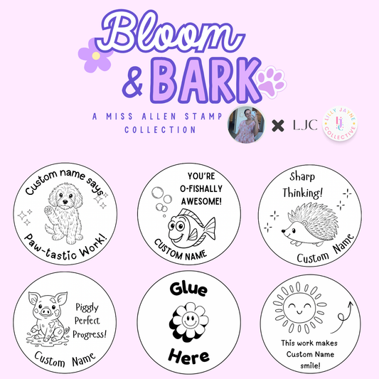 Collection of circular stamps with cartoon animals and text on a pink background, featuring the brand 'Bloom & Bark'.