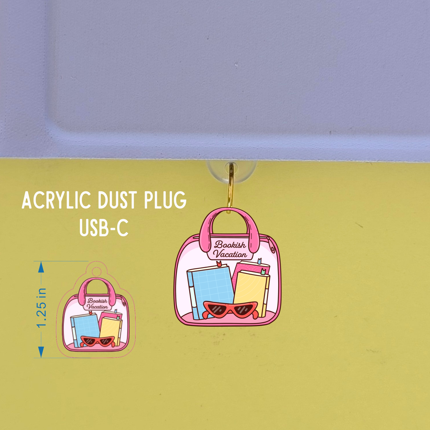 Acrylic dust plug with USB-C connector shaped like a pink handbag on a green background