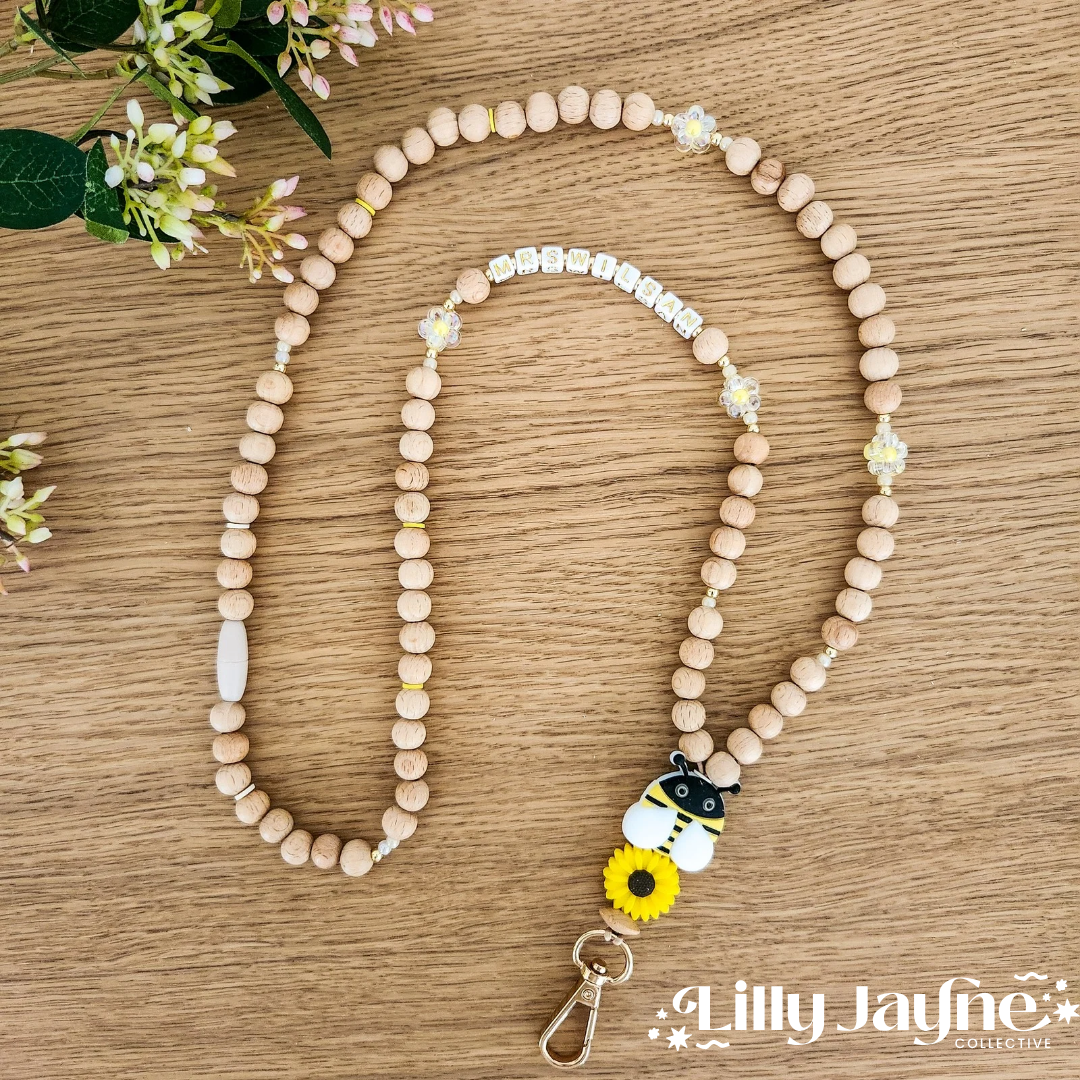 Wooden Bead Personalised Lanyard - Bee Kind
