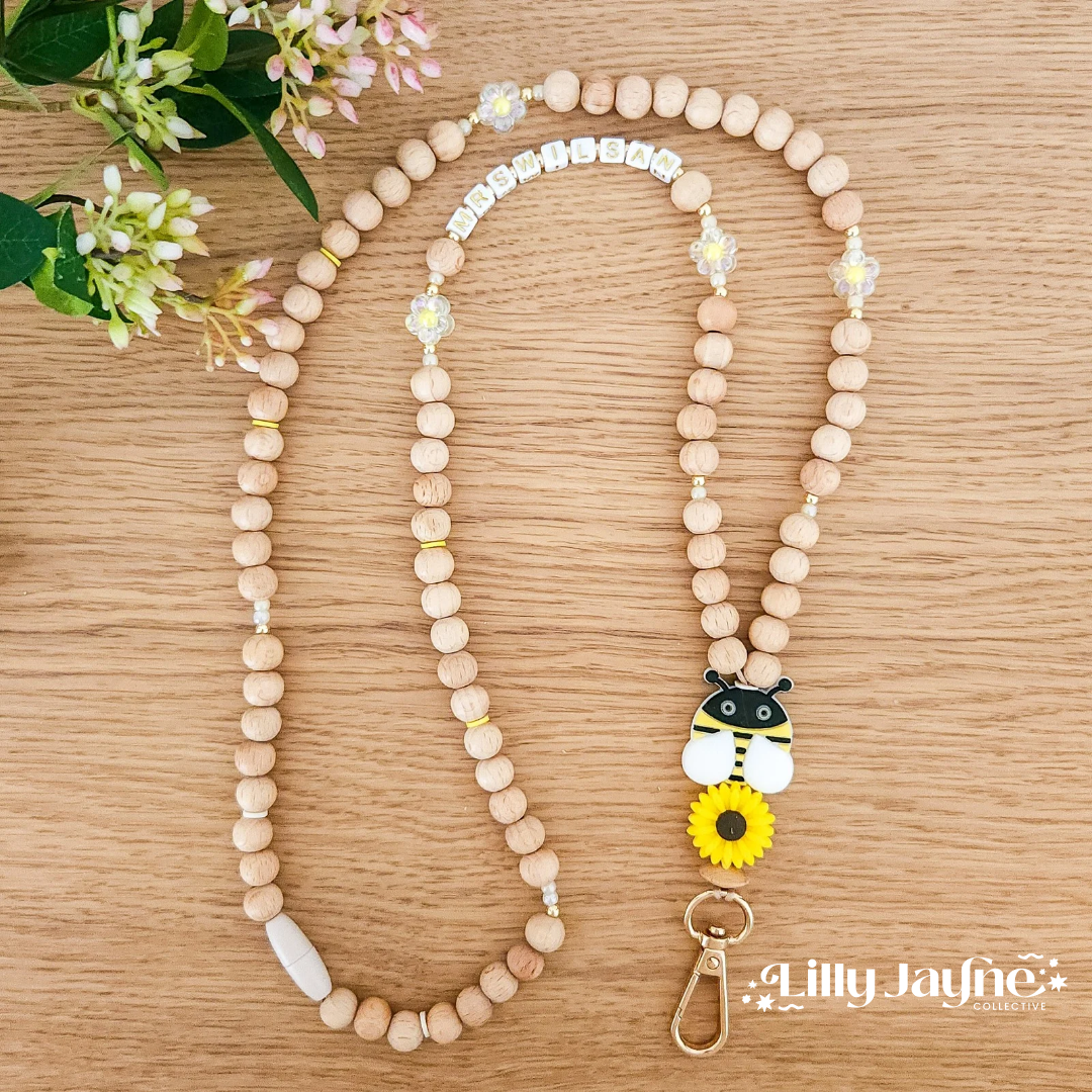 Wooden Bead Personalised Lanyard - Bee Kind