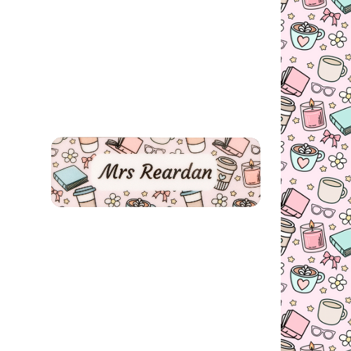 Personalized planner cover with 'Mrs Reardan' text and a pattern of coffee cups, books, and other items on a pink background.