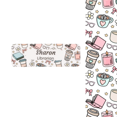 Personalized name tag with librarian design and 'Sharon' text on a white background
