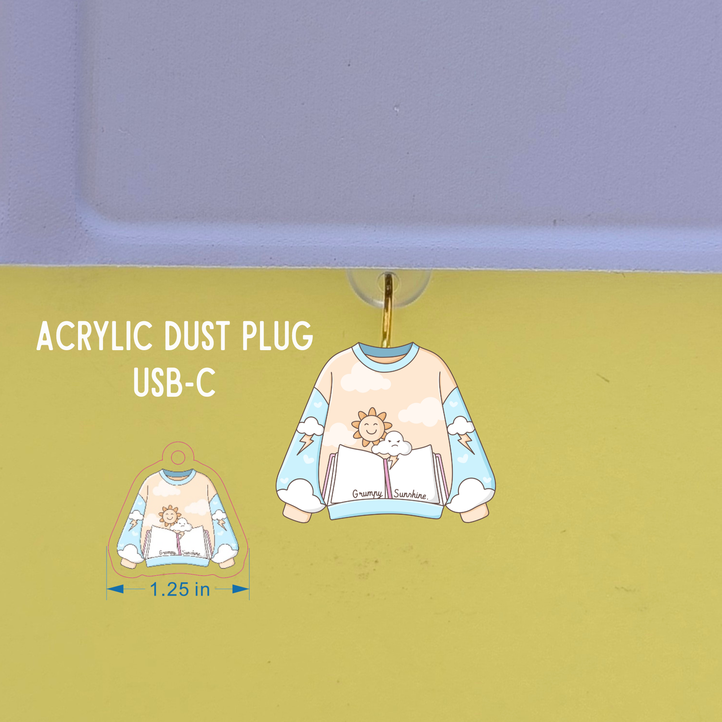 Acrylic dust plug for USB-C with cartoon design on a green background