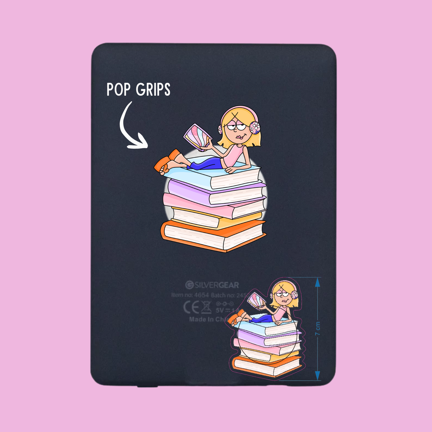 Phone case with a design of a girl on books and 'Pop Grips' text on a pink background