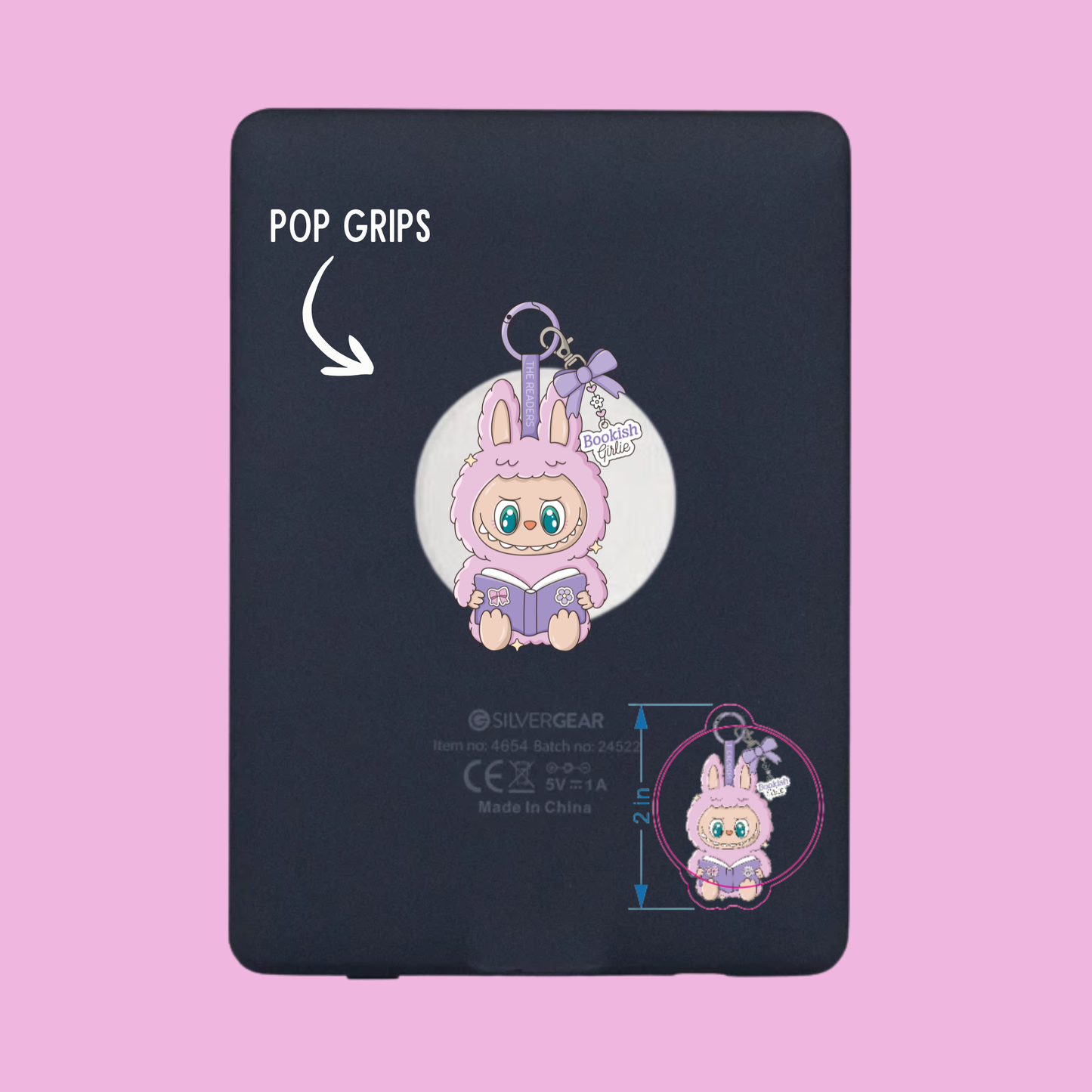 Black pop grip with a cute bunny design on a pink background