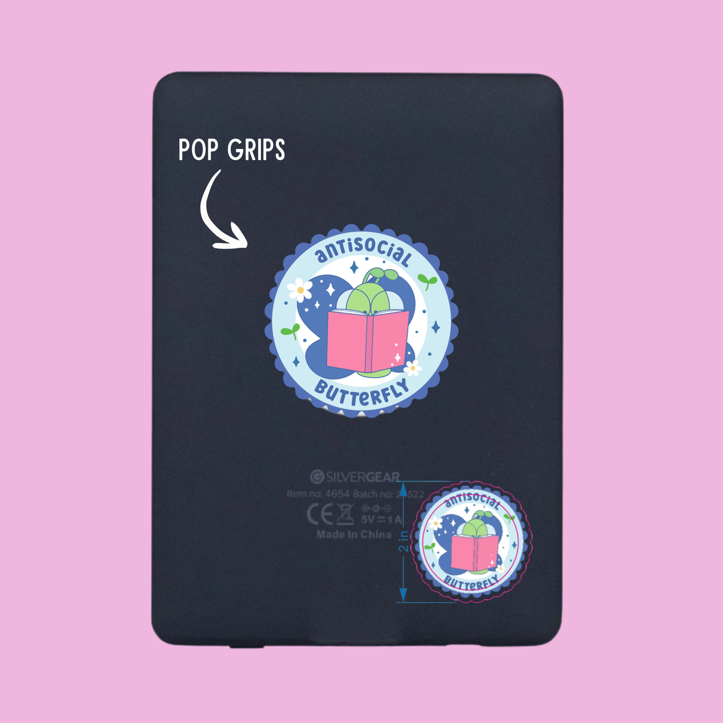 Black phone grip with 'Antisocial Butterfly' design on a pink background