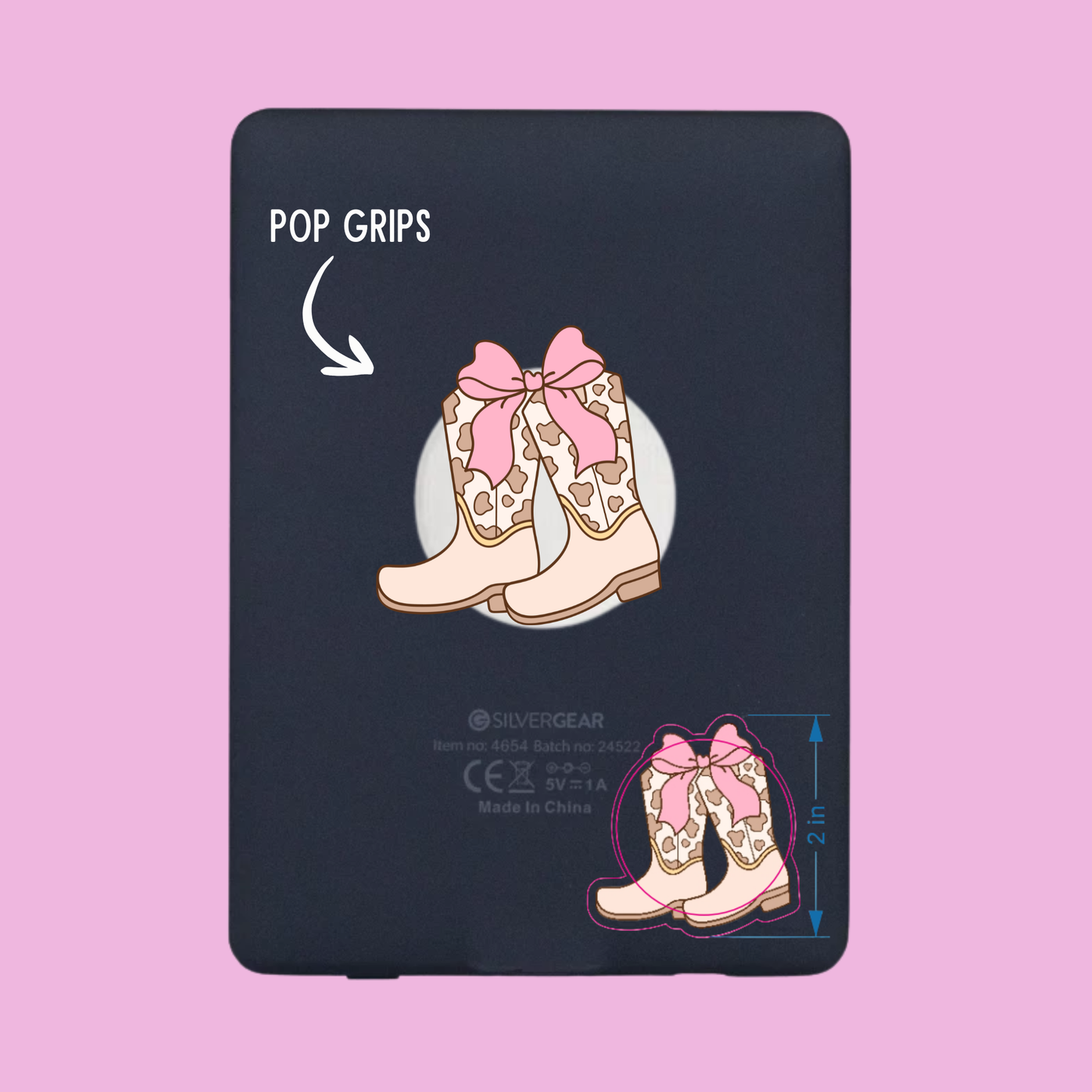 Phone case with pink cowboy boots design and 'Pop Grips' text on a pink background