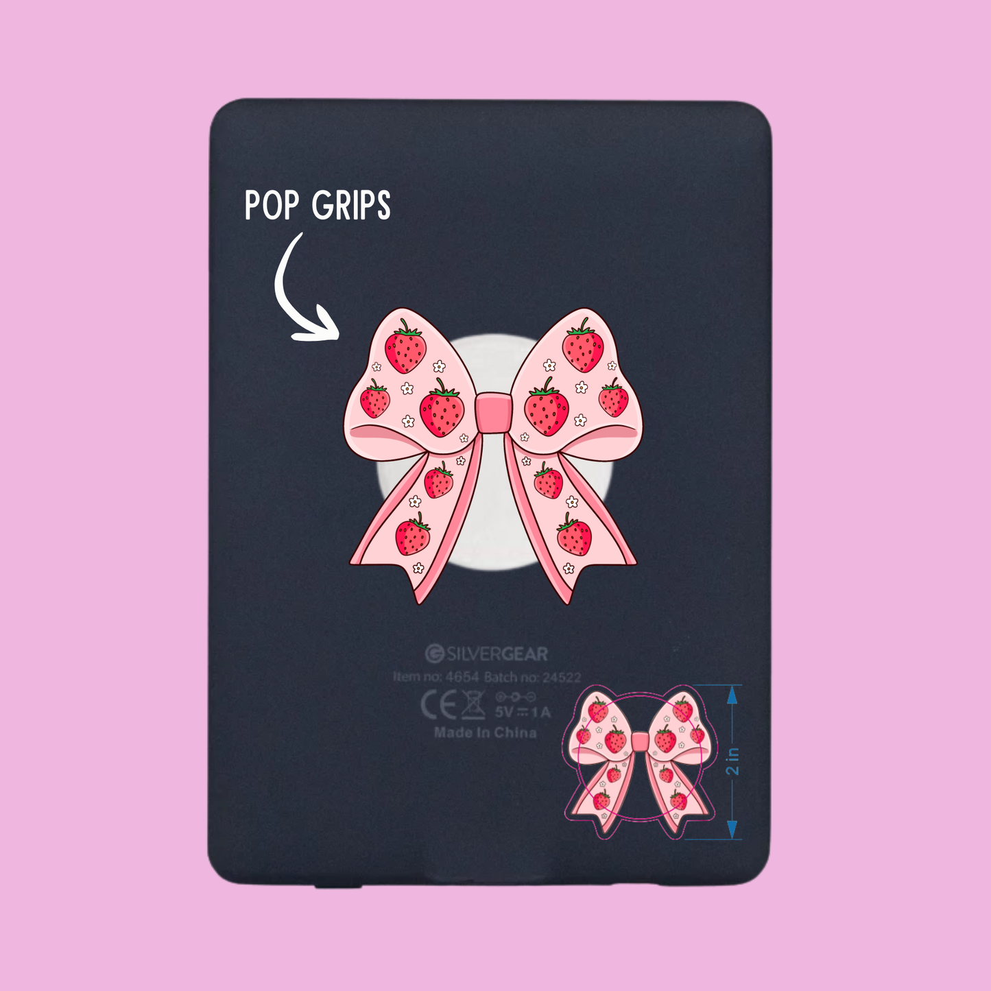Black phone grip with pink bow and strawberry design on a pink background