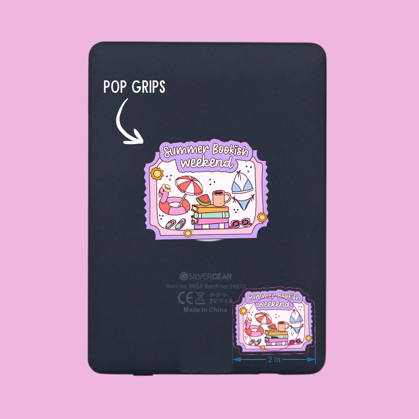 Black phone grip with 'Summer Bookish Weekend' design on a pink background