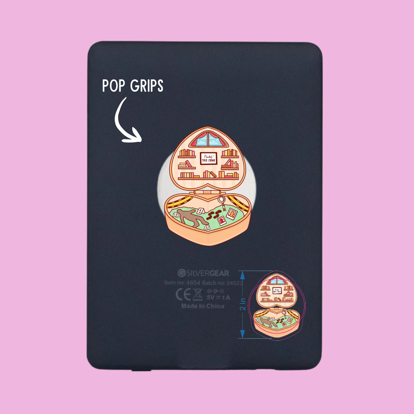 Black packaging with a colorful illustration of a jewelry box and 'Pop Grips' text on a pink background