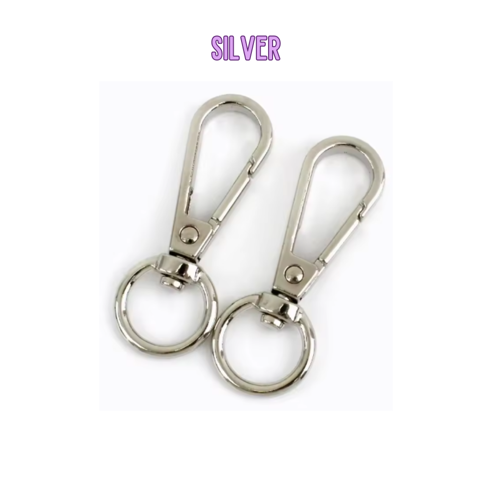 Two silver keychains with swivel clip on a white background, labeled 'SILVER'.