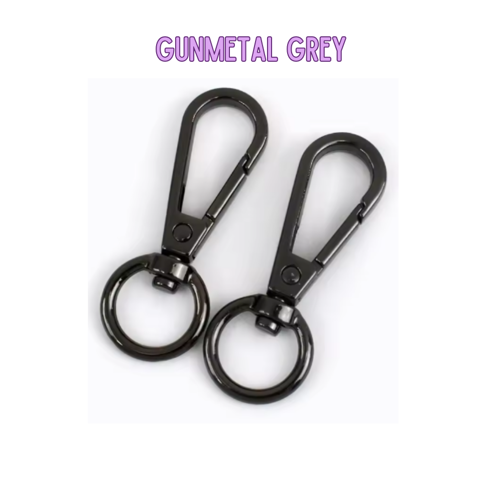 Two gunmetal grey keychains with carabiners on a white background.