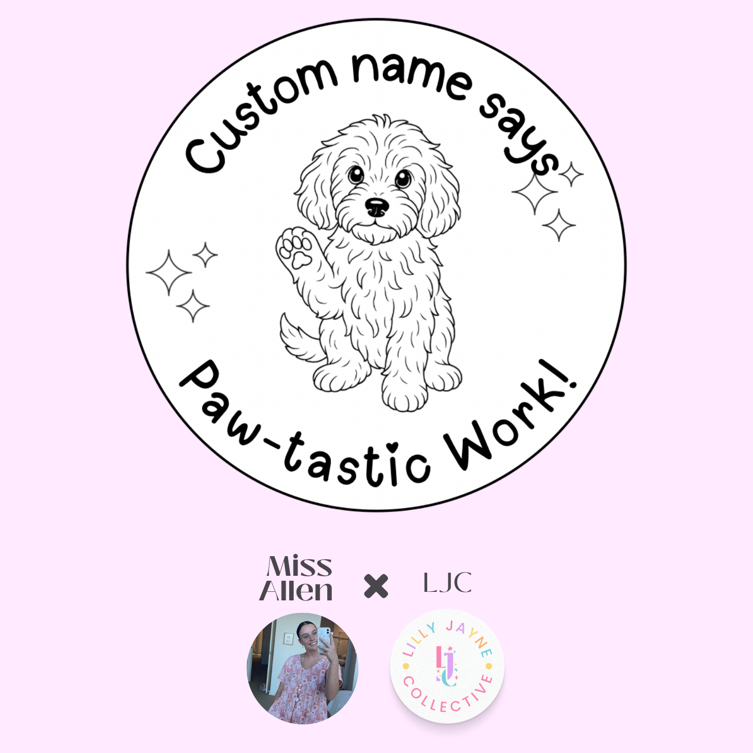 Circular design with a dog illustration and text on a pink background, featuring branding elements.