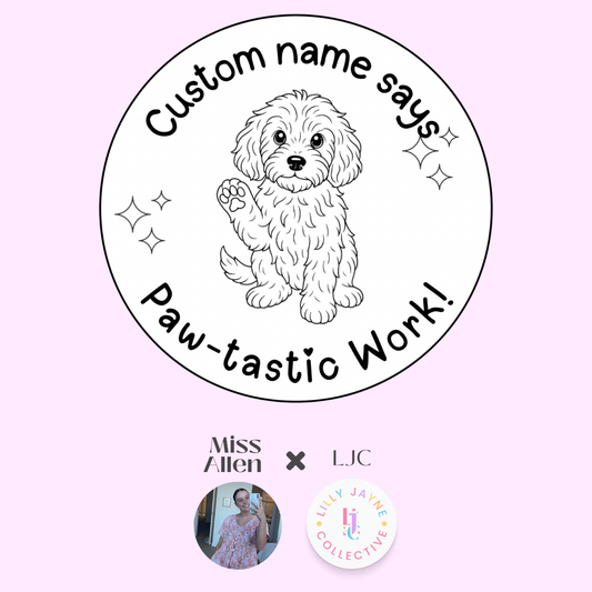 Circular design with a dog illustration and text on a pink background, featuring branding elements.