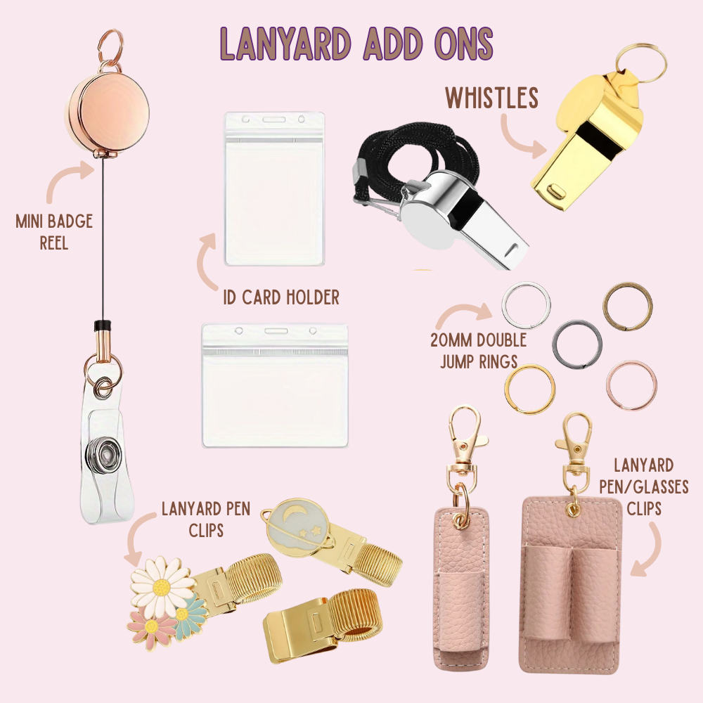 Collection of lanyard add-ons including a mini badge reel, ID card holder, whistles, and various clips on a pink background.