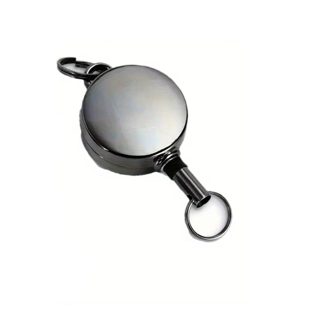 Metallic retractable badge holder on a white background