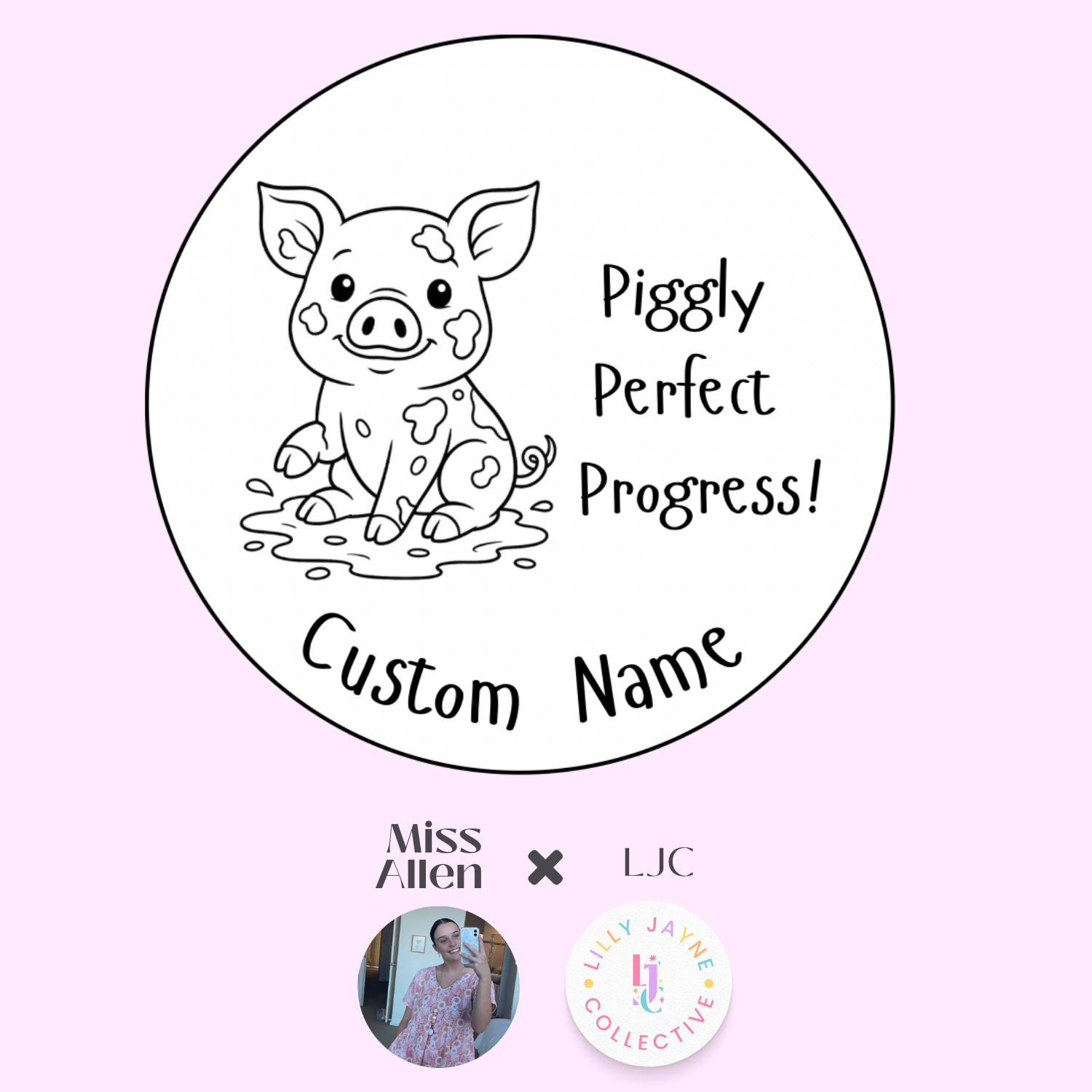 Circular design with a pig illustration and text on a pink background, featuring branding elements.