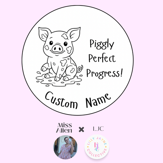 Circular design with a pig illustration and text on a pink background, featuring branding elements.