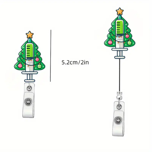 Christmas-themed badge holder with tree and reindeer design, showing measurements on a white background.