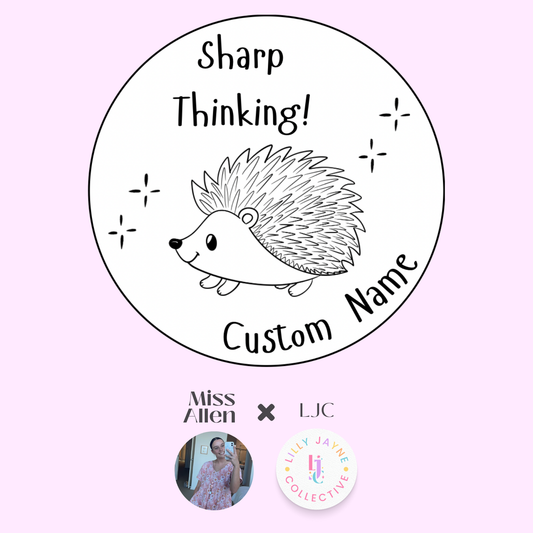 Circular design with a hedgehog illustration and text 'Sharp Thinking! Custom Name' on a pink background.