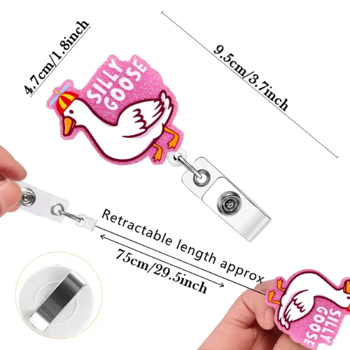 Retractable badge holder with 'Silly Goose' design and measurements on a white background