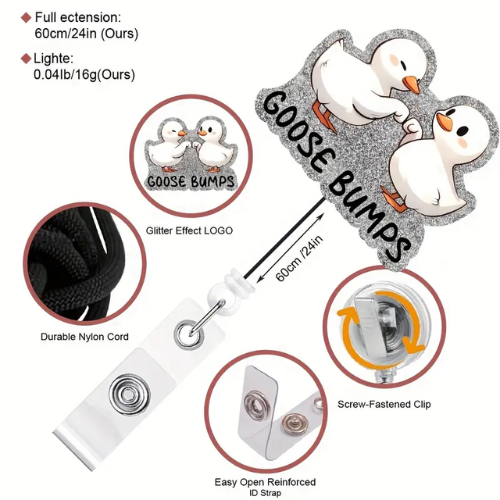 Goose Bumps badge holder with features highlighted on a white background
