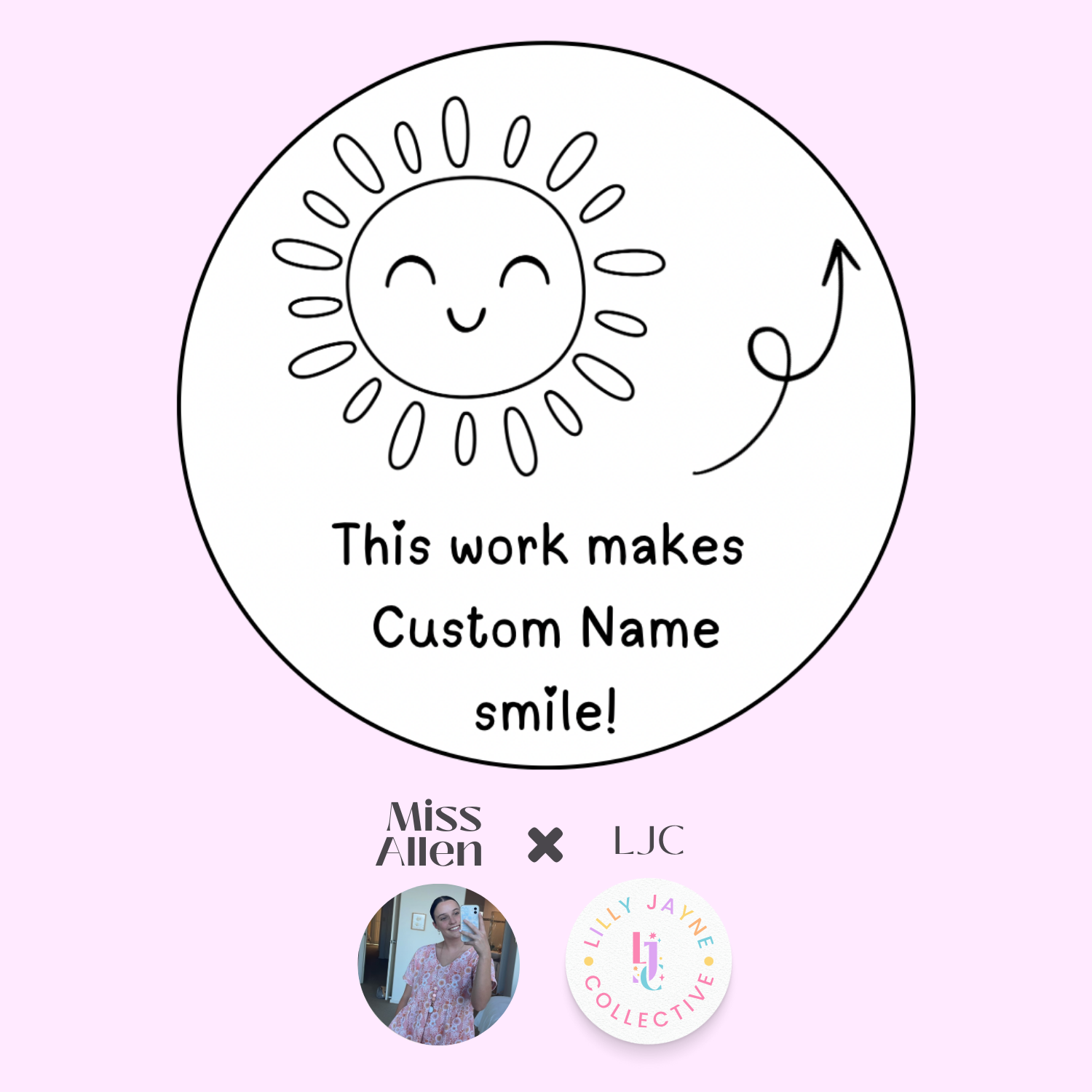 Circular design with a sun illustration and text on a pink background, featuring branding elements.