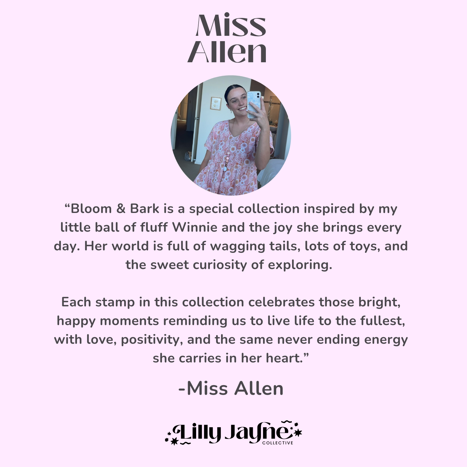 Text and image of a woman with 'Miss Allen' branding on a light purple background