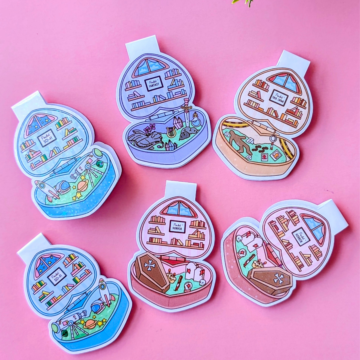 Colorful illustrations of open suitcases with various items on a pink background