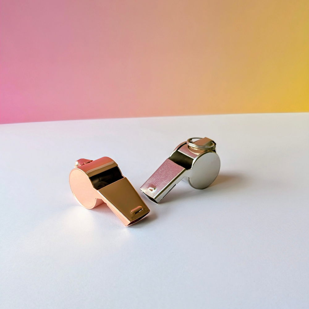 Two whistles, one pink and one silver, on a white surface with a gradient background.