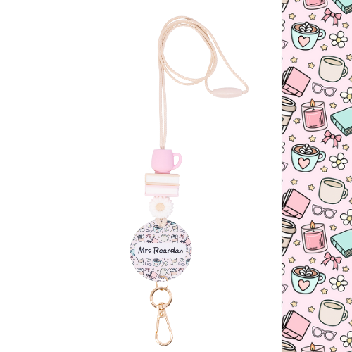 Book and coffee lanyard with gold claps