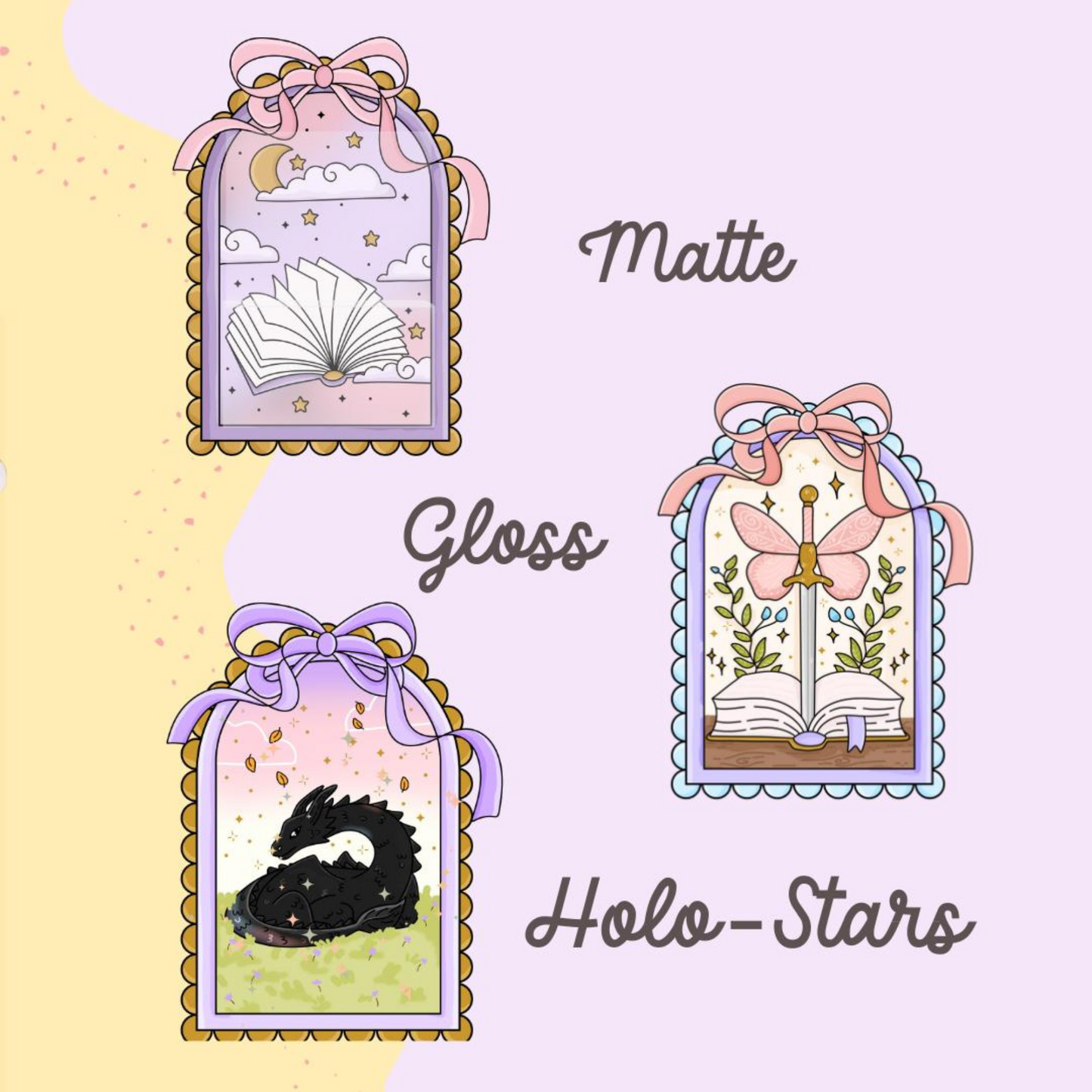 Four decorative frames with different designs on a pastel background, labeled 'Matte', 'Gloss', and 'Holo-Stars'.