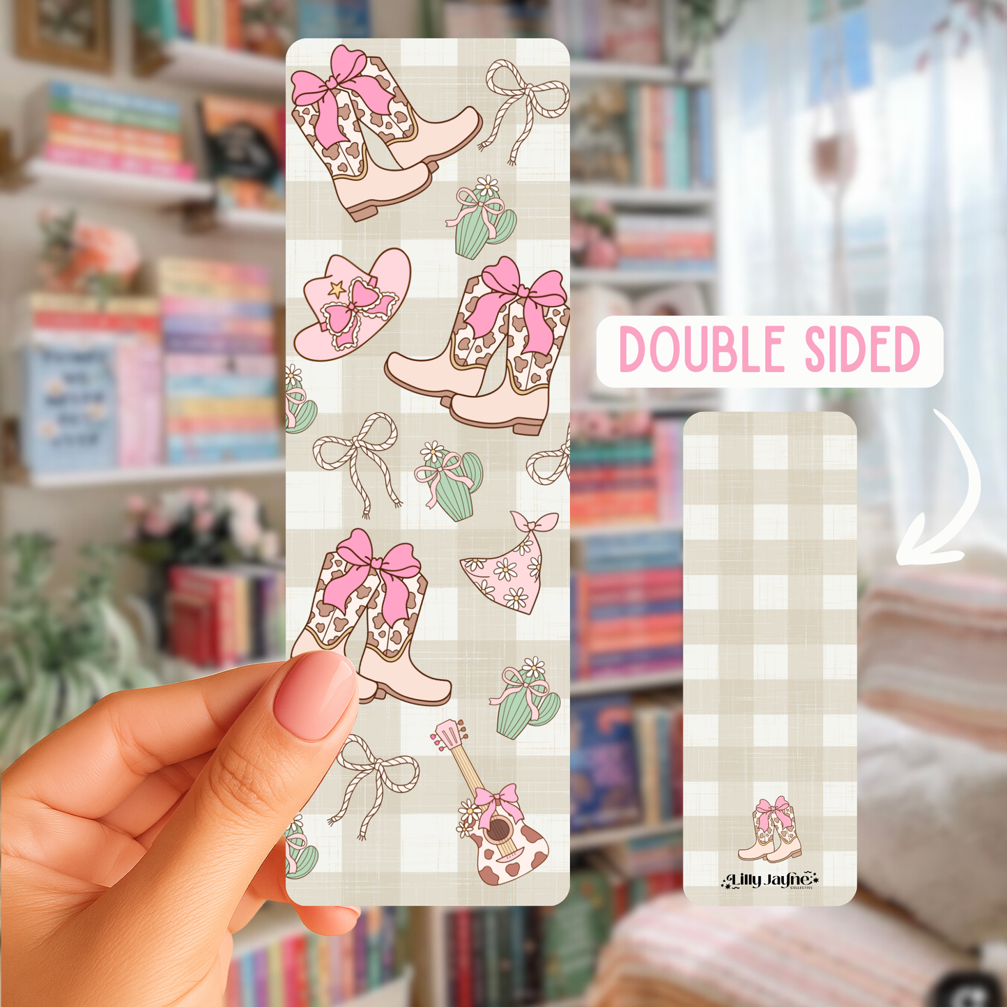 Double-sided clear sticker sheet with pink boots and bows design, held by a hand in front of a bookshelf.