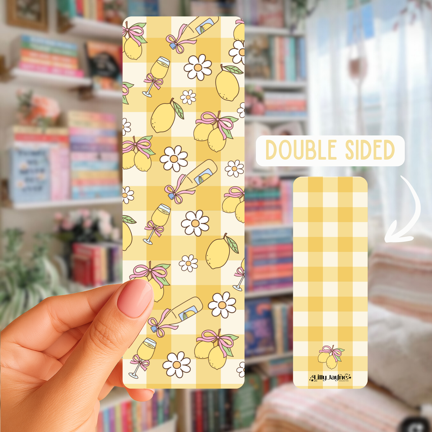 Yellow patterned product held by a hand with a blurred background of books and decor.