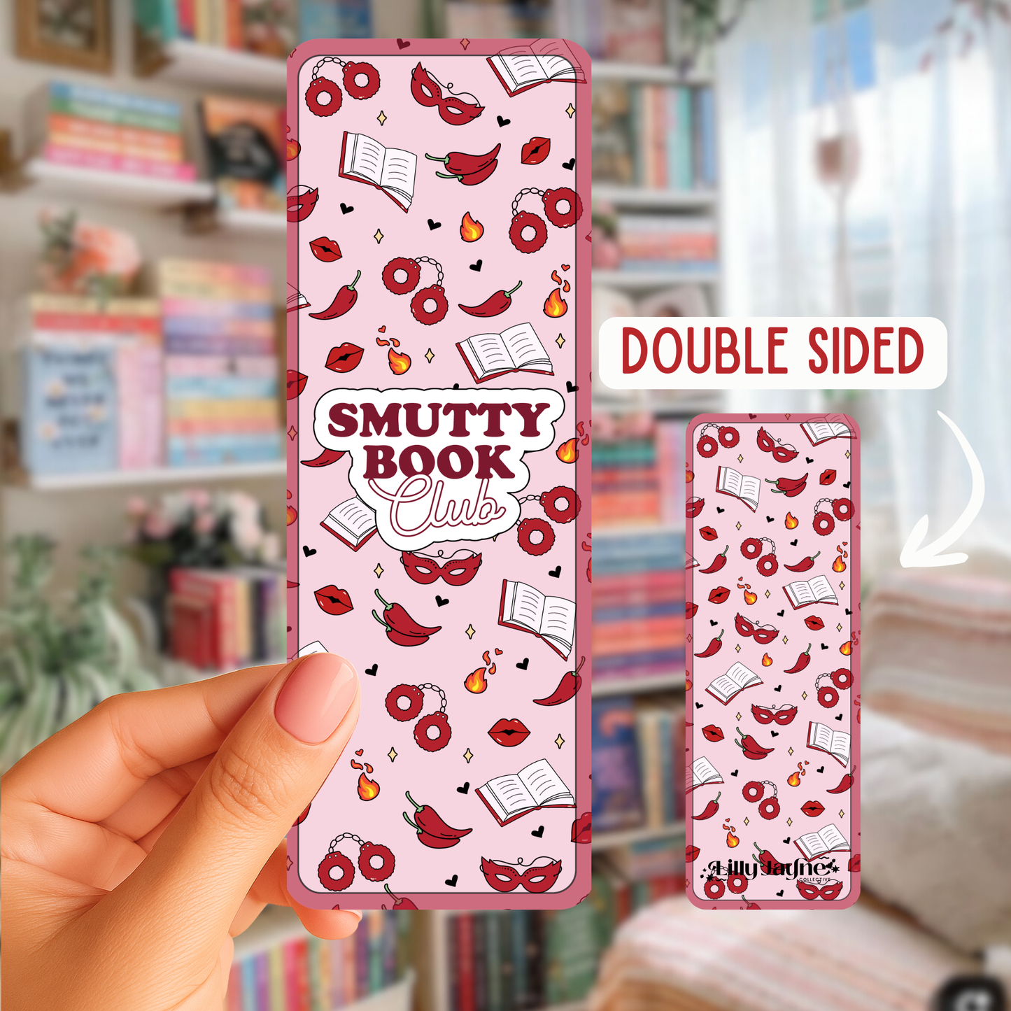 Pink phone case with 'Smutty Book Club' design held by a hand, with a blurred bookshelf background.