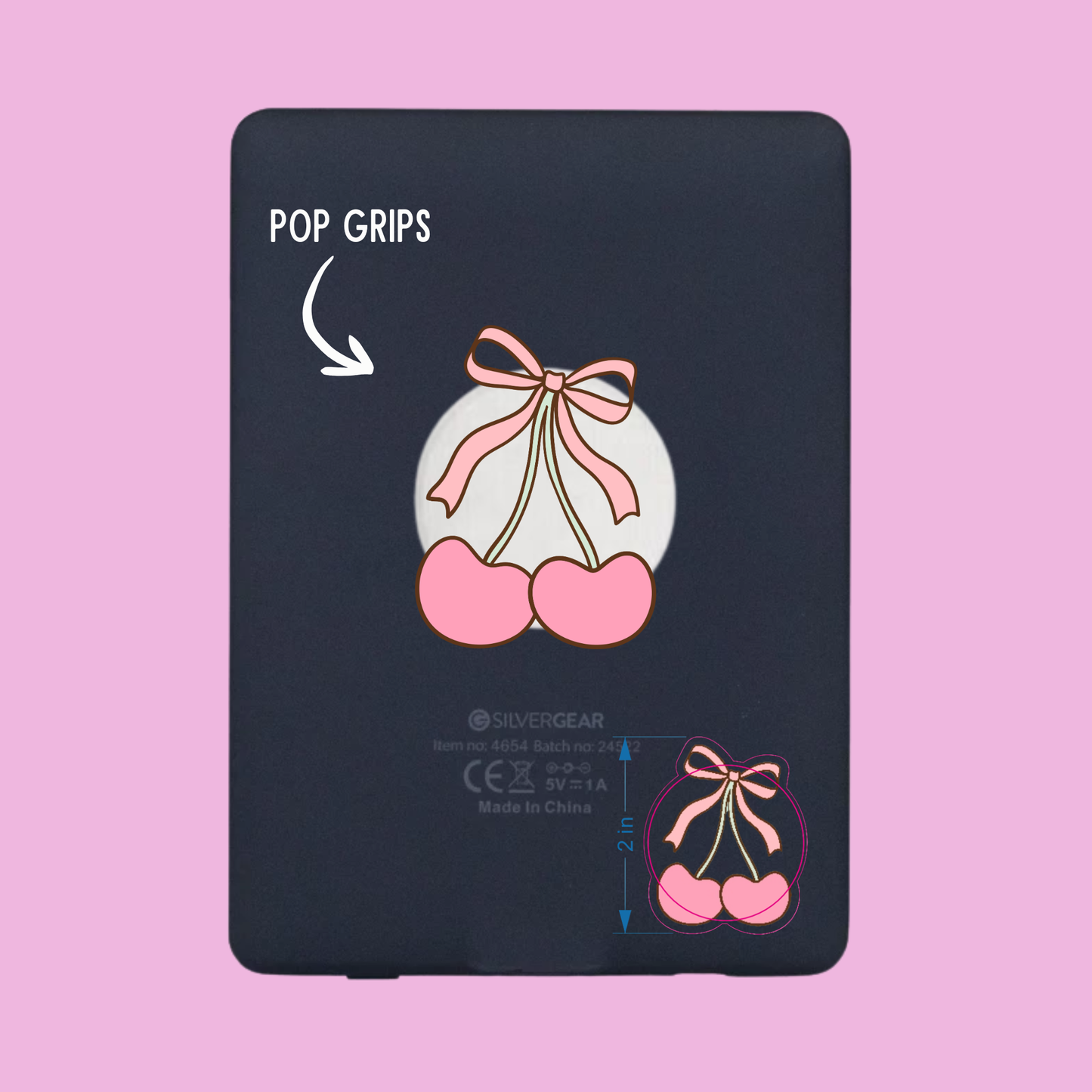 Black phone grip with cherry design on a pink background