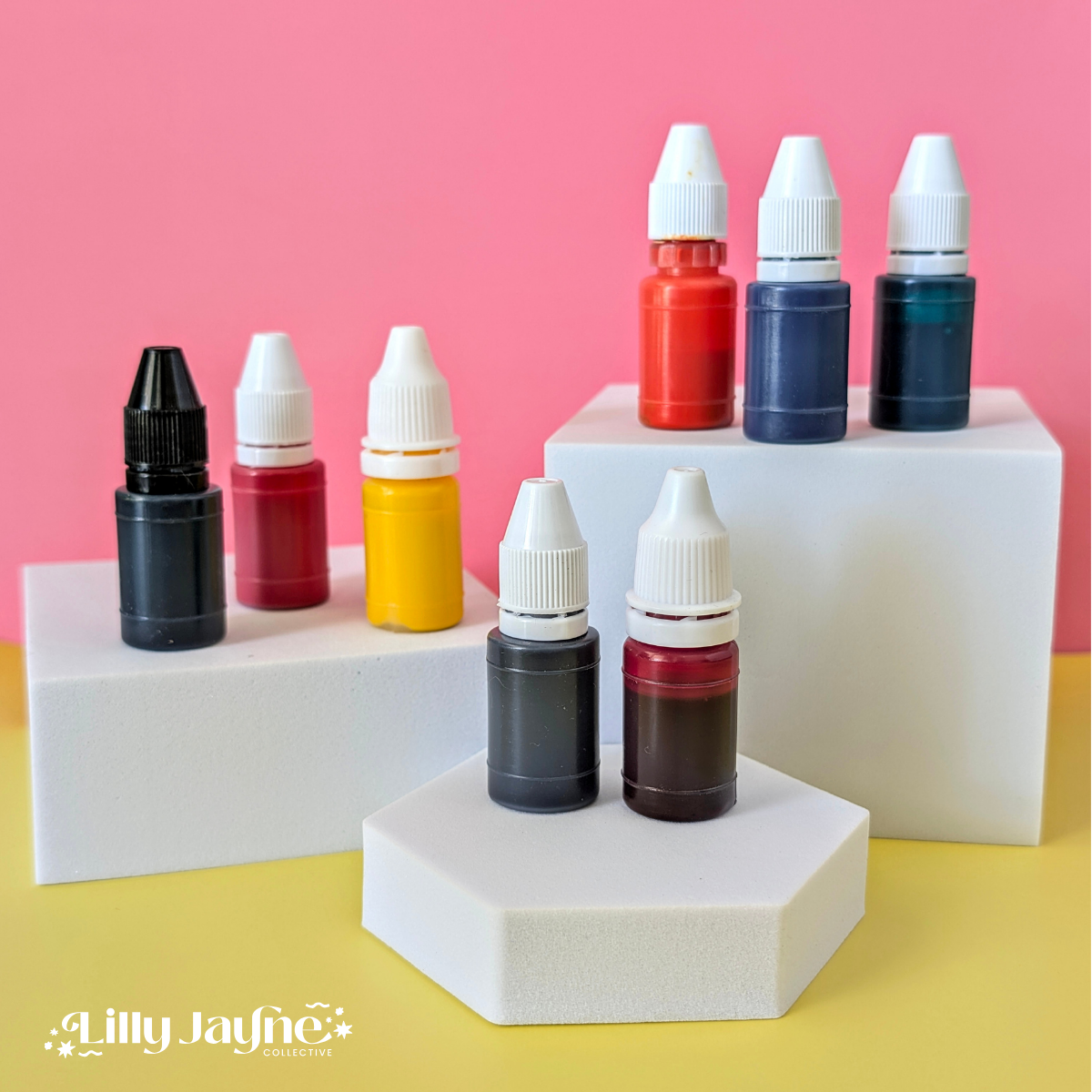 8 x 10ml bottles of flash Stamp pink in black, red, blue, orange, pink, green, yellow and purple
