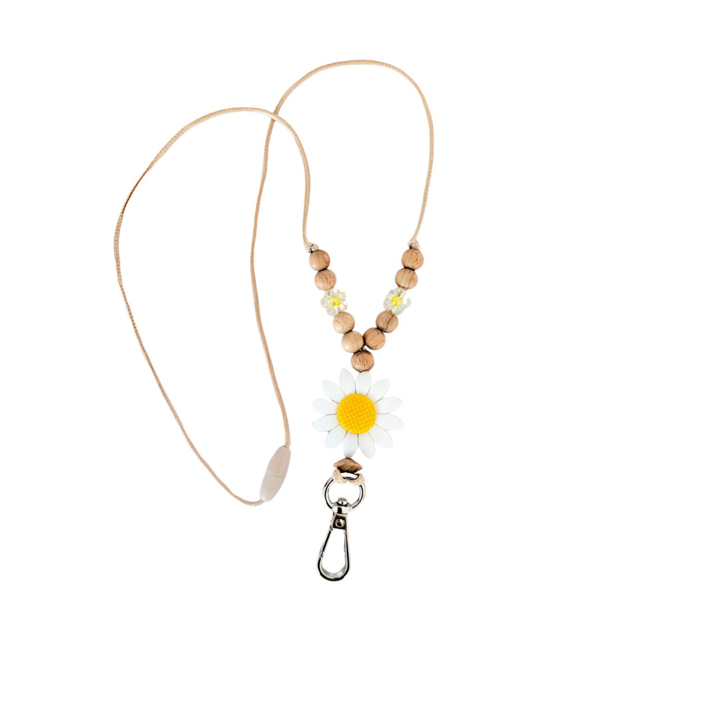 White Flower Beaded Lanyard. Large White Flower silicone bead with yellow centre. Wooden beads and acrylic flower bead. with a silver clip