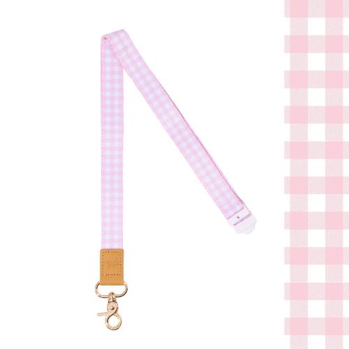 Pink and white checkered lanyard with a gold clip on a white background