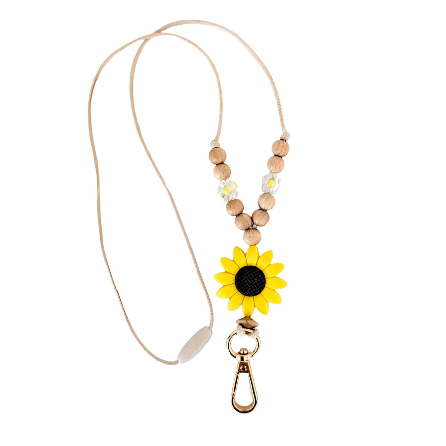 Silicone Bead Sunflower Lanyard Wooden round beads with Silver Clip and Breakaway Clasp.