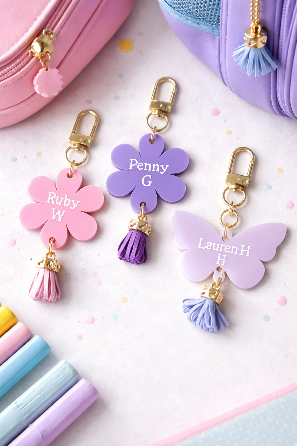 Personalized keychains with names on a colorful background