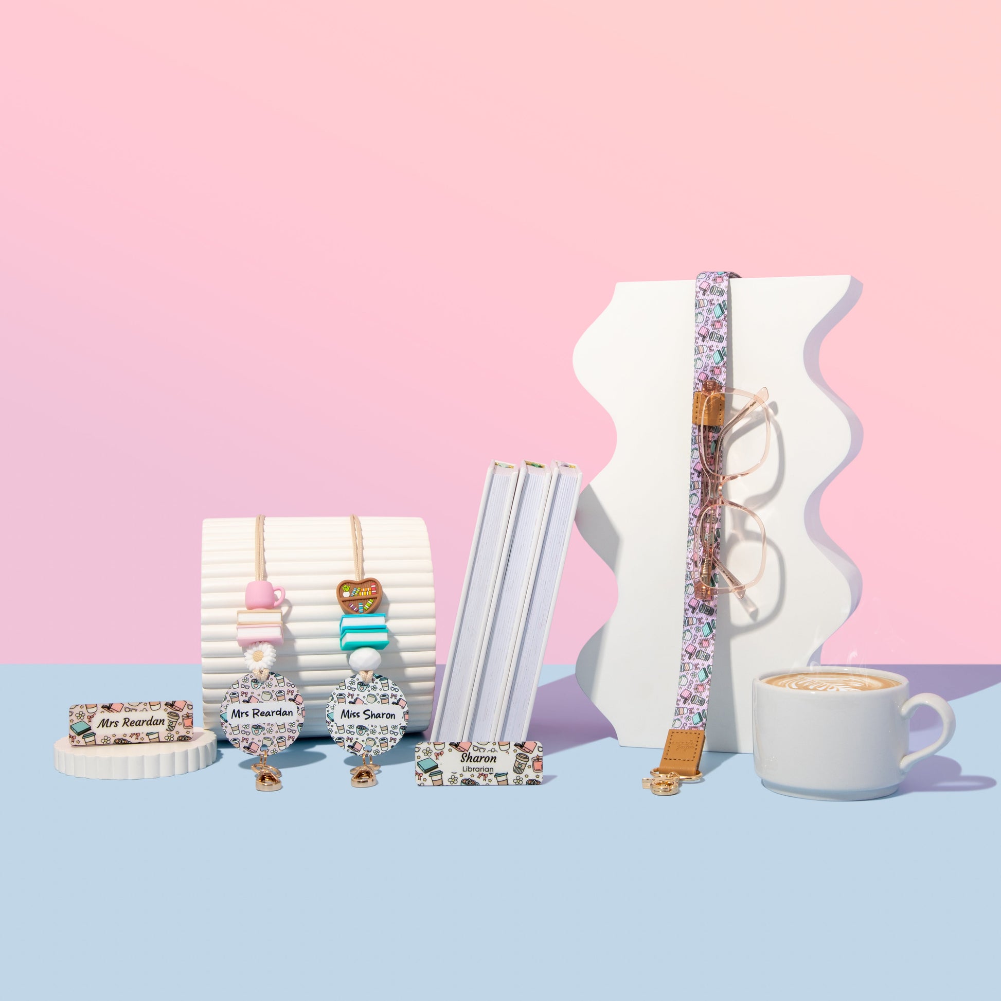 Bookish & Brew collection of a fabric Lanyard, personalised beaded lanyards and 2 name badges