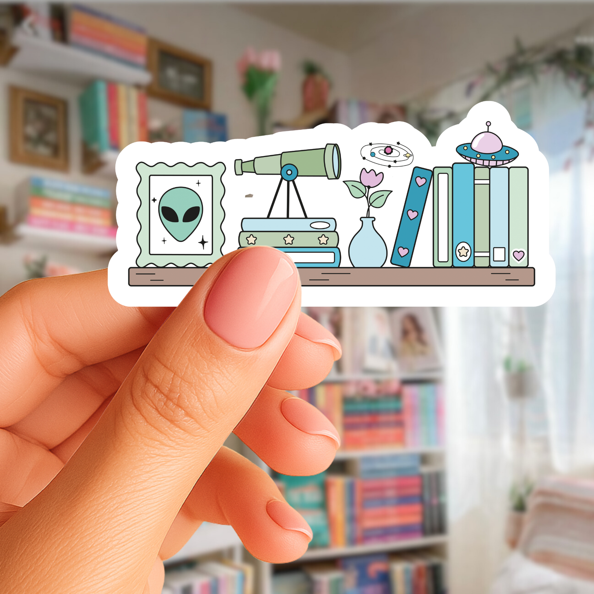 Hand holding a sticker with a design of books, alien, telescope, and flowers on a blurred bookshelf background.